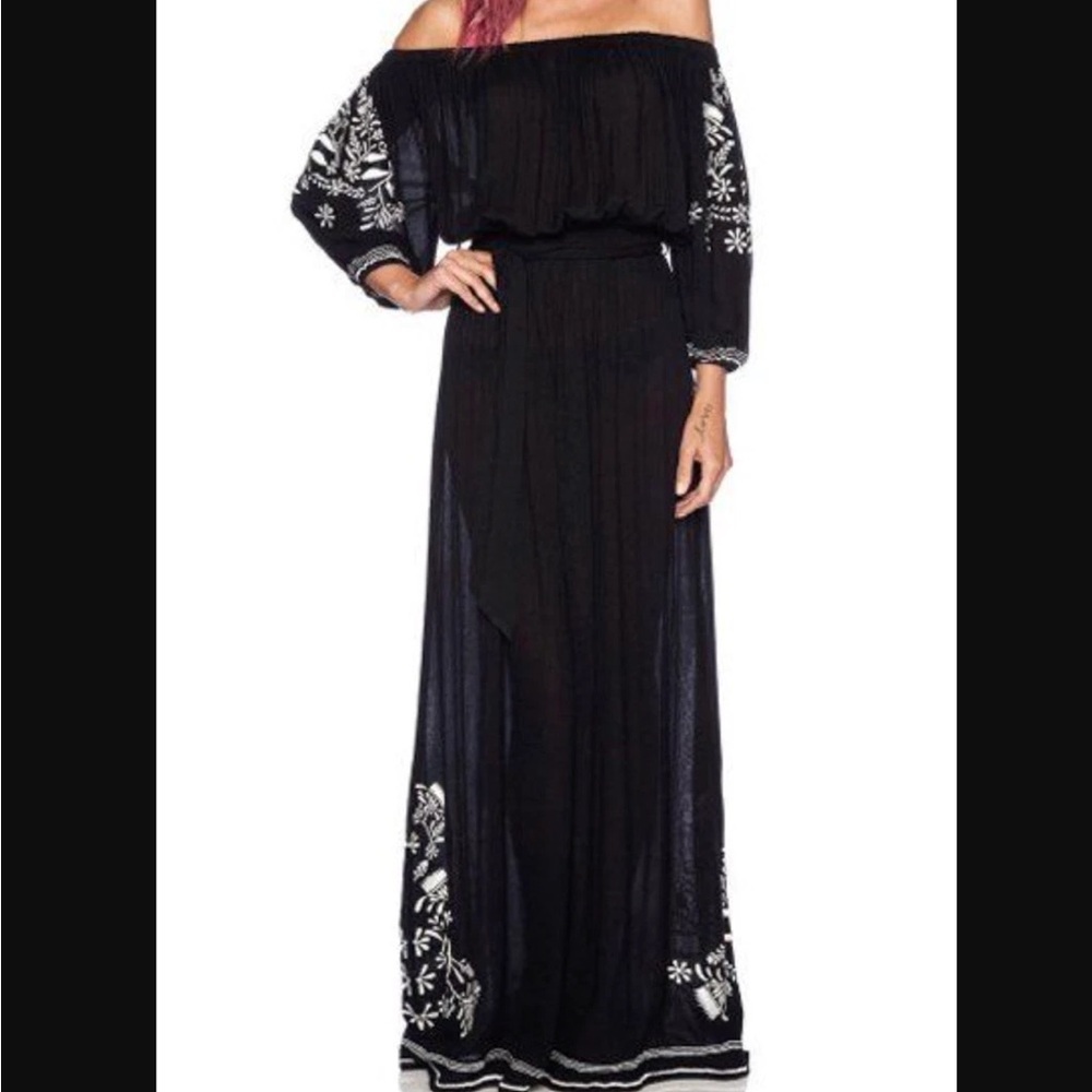 Tularosa Elegant Off The Shoulder Black and White Embroidered Maxi Dress